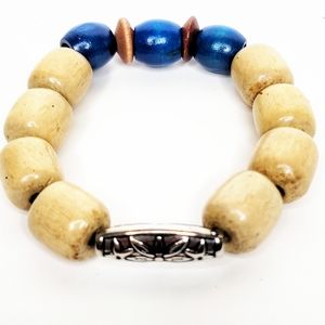 247B657 Handmade Unisex Blue Tan Brown & Silver Wooden Bracelet